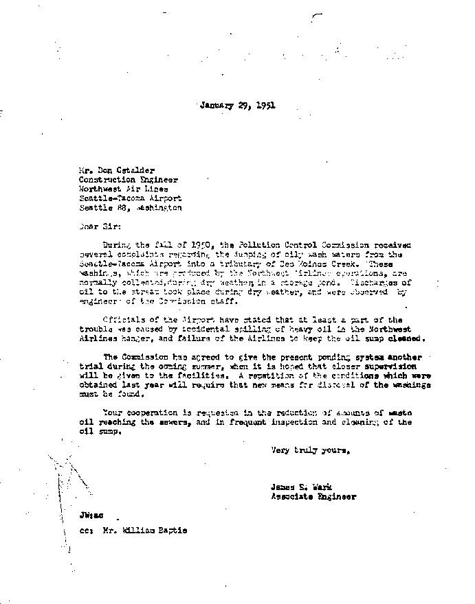 1951--Washington Pollution Control Board Letter to Port of Seattle re complaints about pollution of Des Moines Creek by Sea-Tac Airport