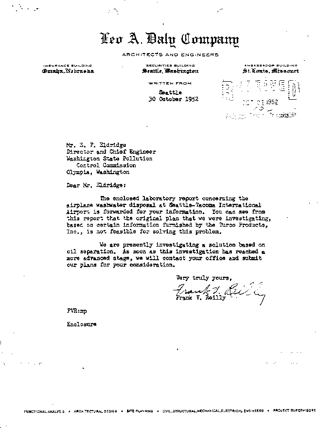 1952 Letter from Leo A. Daly Company re inability to use separation plan at Sea-Tac Airport