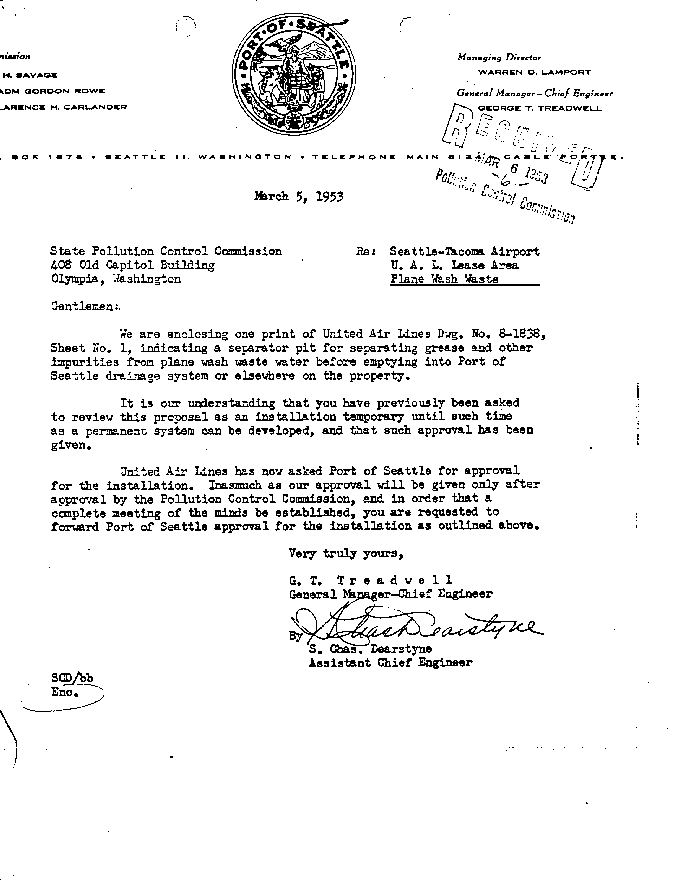 1953 Letter of Port of Seattle Engineer to Washington Pollution Control on Separator Pit Plan