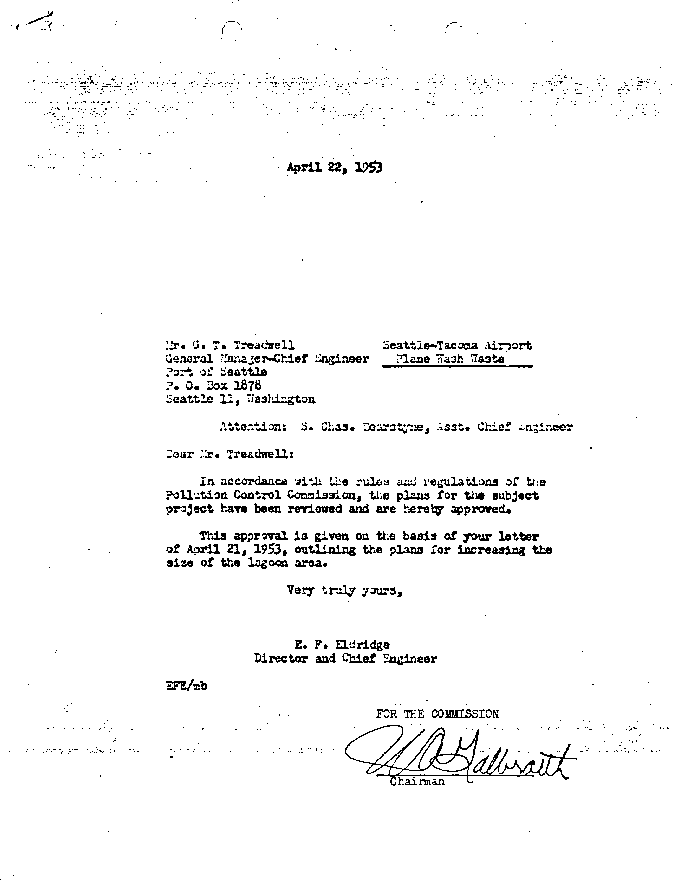 1953 Approval of Plan Washing Plans at Sea-Tac Airport by the Washington State Pollution Control Commission